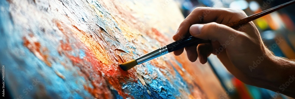 In a burst of color, a hand gracefully applies paint to a richly textured canvas, embodying the passion and creativity of the artistic process in the studio In a burst of color, a hand gracefully applies paint to a richly textured canvas, embodying the passion and creativity of the artistic process in the studio