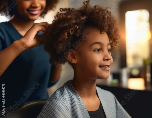 Una mujer afroamericana peinándose al estilo afro en un salón de belleza; peluquería moda photo