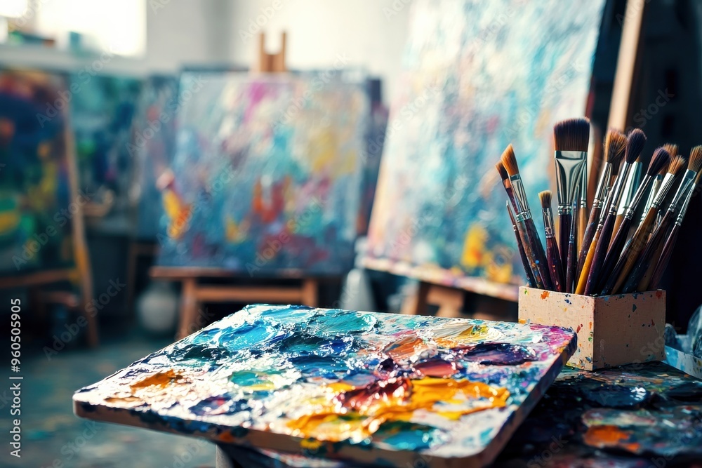 An energetic art space comes alive with colorful canvases and paint-smeared palettes, where creativity unfolds under natural light An energetic art space comes alive with colorful canvases and paint-smeared palettes, where creativity unfolds under natural light