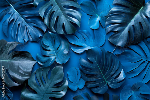 Blue tropical leaves and foliage on blue background.