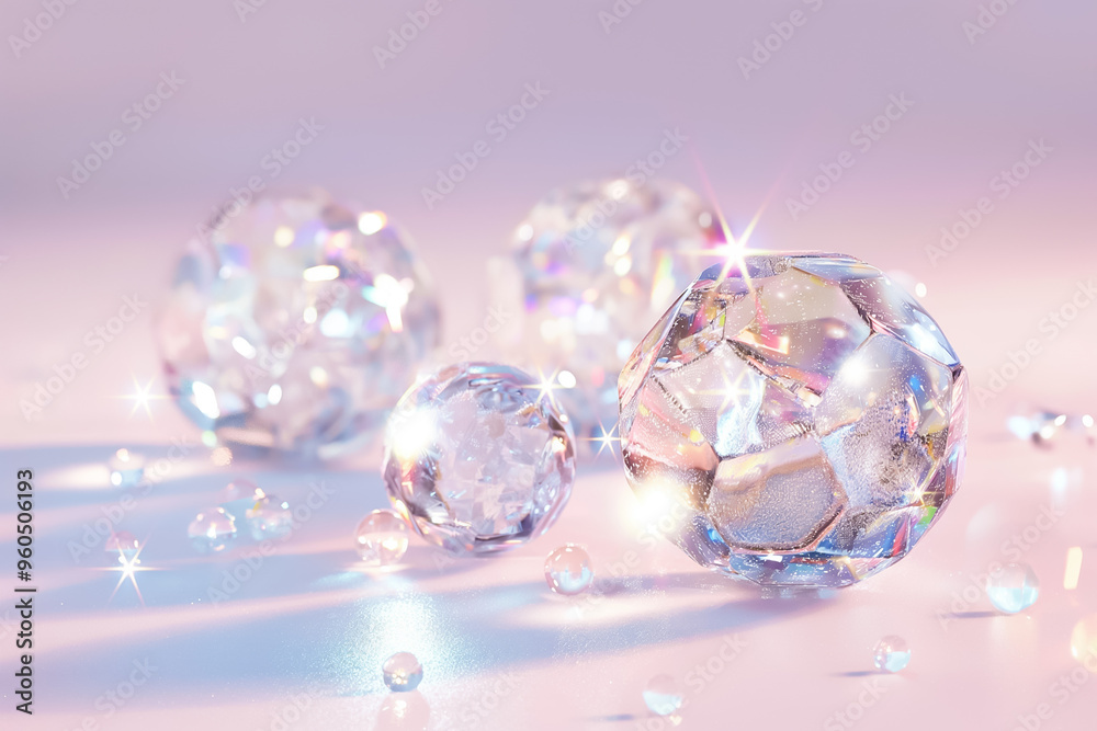 Crystal orbs of various sizes sparkle on a gentle pastel background, capturing light and creating an enchanting ambiance with their reflections