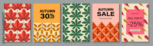 Abstract autumn art. Bright warm colors, fall leaves, trees, geometric retro pattern. Frame, background for text. Modern autumn poster, web banner, flyer vector design.