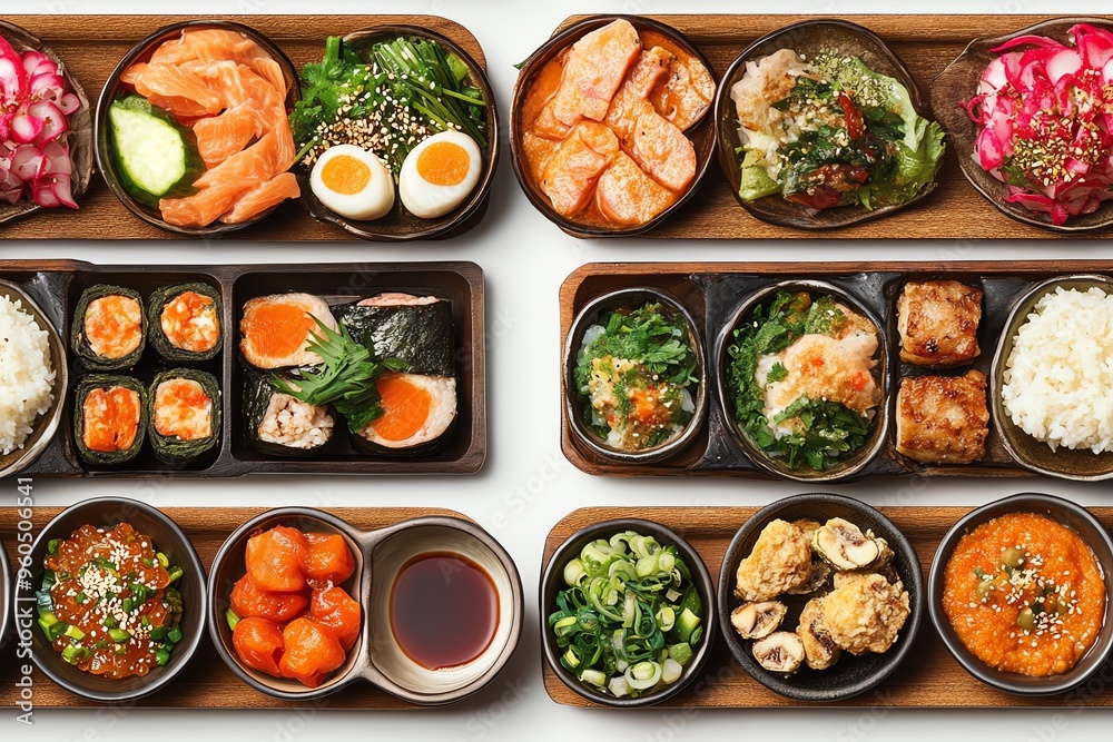 Top view of assorted Japanese bento boxes filled with sushi, rice, vegetables, and various side dishes displayed on a white background. Top view of assorted Japanese bento boxes filled with sushi, rice, vegetables, and various side dishes displayed on a white background.
