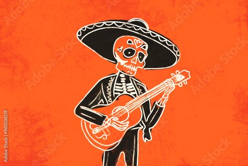 Skeleton musician in sombrero playing guitar on orange background