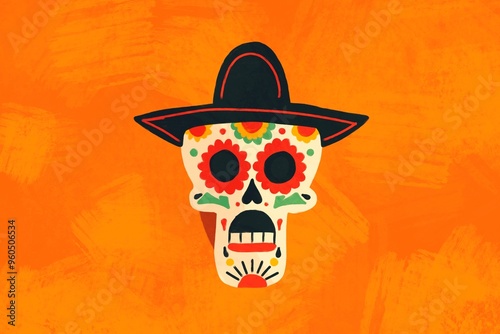 Colorful skull wearing hat on an orange background