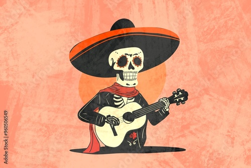 Skeletal mariachi musician in a sombrero playing guitar
