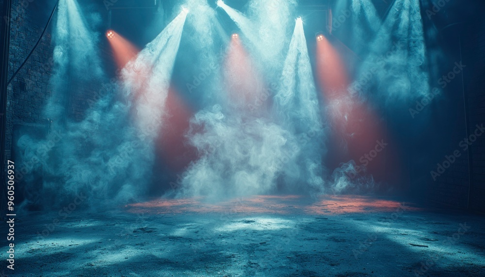 Fototapeta premium Three Spotlights Illuminating a Smoke-Filled Industrial Space