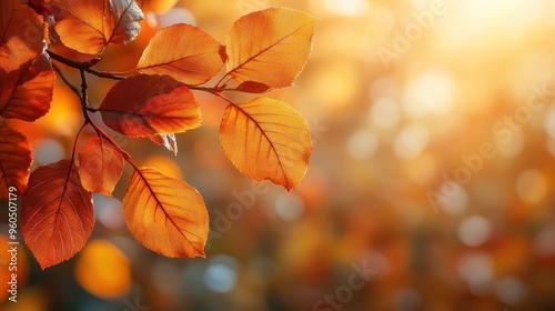 Autumn background with orange fall leaves. Garden scene on fall season with bright shiny sun ray and maple tree