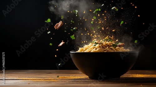 A bowl of Lanzhoustyle handpulled noodles with clear broth, tender beef slices, and fresh cilantro, served on a rustic wooden table photo