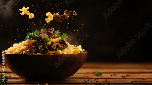 A bowl of Lanzhoustyle handpulled noodles with clear broth, tender beef slices, and fresh cilantro, served on a rustic wooden table photo