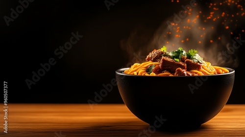 A bowl of Lanzhoustyle handpulled noodles with clear broth, tender beef slices, and fresh cilantro, served on a rustic wooden table photo