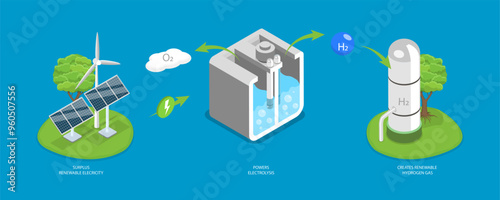 3D Isometric Flat Vector Illustration of Creating of Hydrogen Gas, Green Energy and Sustainable Economy