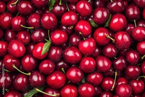 A top view of fresh cherries, a pile full of juicy red cherries, a background filled with vibrant and bright cherry fruits