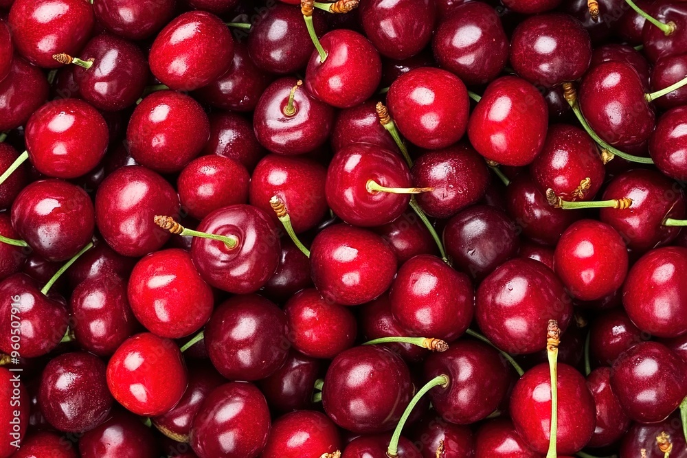A top view of fresh cherries, a pile full of juicy red cherries, a background filled with vibrant and bright cherry fruits A top view of fresh cherries, a pile full of juicy red cherries, a background filled with vibrant and bright cherry fruits
