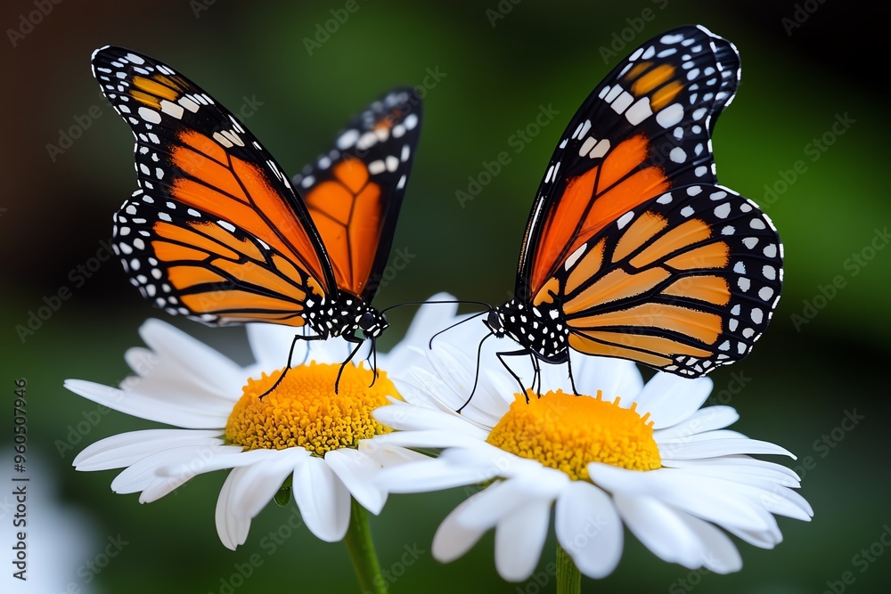 Fototapeta premium Butterflies on daisies, gentle landings, colorful patterns add a touch of whimsy to a meadow