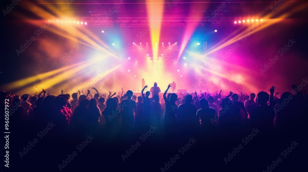 Fototapeta premium Vibrant concert scene with silhouetted crowd cheering under dazzling stage lights, capturing the energy and excitement of live music
