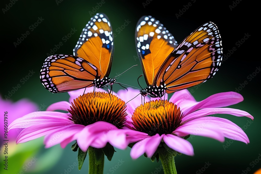 Fototapeta premium Butterflies on echinacea, bright centers, soft landings create a harmonious blend of color and motion