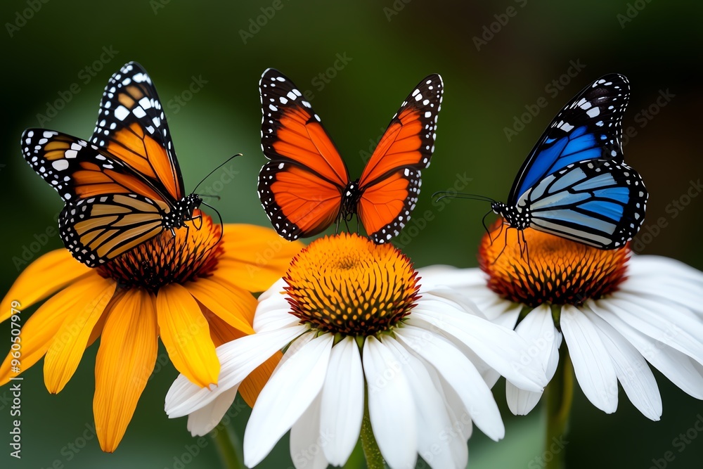 Fototapeta premium Butterflies on echinacea, bright centers, soft landings create a harmonious blend of color and motion