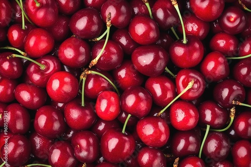 A top view of fresh cherries, a pile full of juicy red cherries, a background filled with vibrant and bright cherry fruits photo