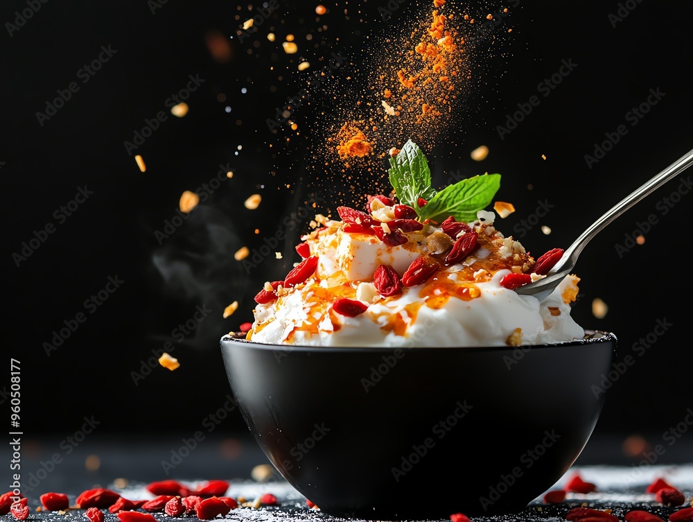 A bowl of silky tofu pudding with a sweet ginger syrup, garnished with goji berries and served with a spoon A bowl of silky tofu pudding with a sweet ginger syrup, garnished with goji berries and served with a spoon