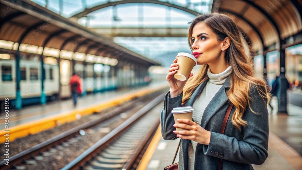 Fototapeta premium Stylish woman sipping coffee at the train station, waiting for her ride in a chic travel outfit.