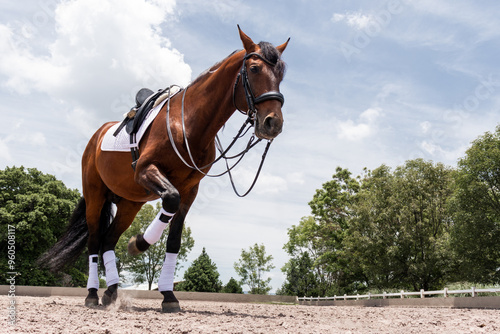 Horse in motion at a sunny equestrian center