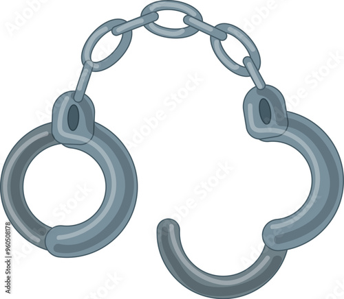 Pair of steel handcuffs is shown open, with the chain links visible between them