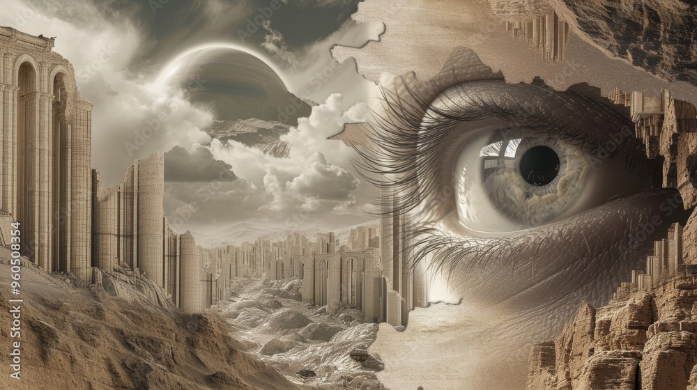 A surreal scene depicting a crumbling landscape with a giant human eye ...