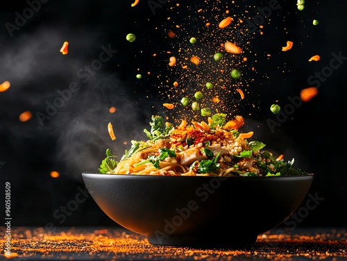 A bowl of spicy Sichuanstyle dan dan noodles, with minced pork, chili oil, and fresh greens, served with a side of pickled vegetables photo