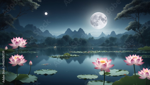 night illustration with the moon rising over a lake with lotus flowers