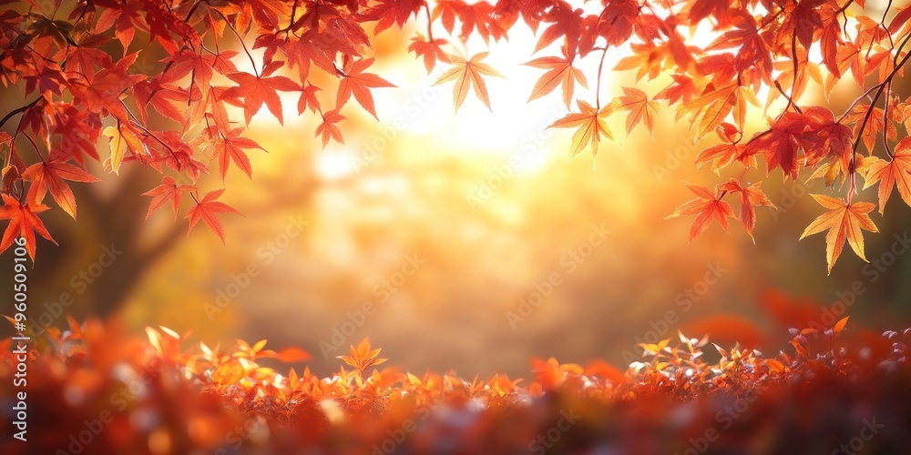 Autumn background with orange fall leaves. Garden scene on fall season with bright shiny sun ray and maple tree Autumn background with orange fall leaves. Garden scene on fall season with bright shiny sun ray and maple tree