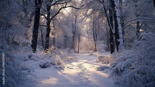 Snowy Forest Path at Sunset