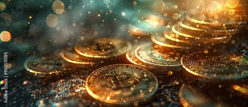 Golden Bitcoin Coins Glowing with a Mysterious Aura