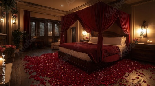 romantic bedroom sanctuary luxurious maroondraped canopy bed soft candlelight scattered rose petals elegant vintage furniture intimate valentines day ambiance