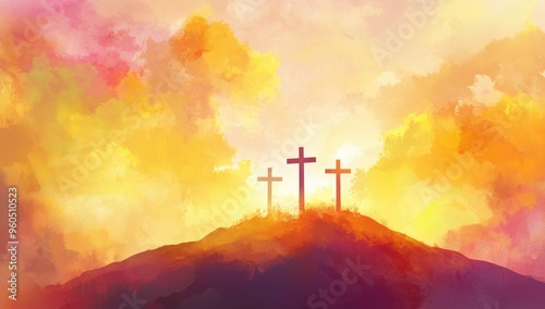 A digital painting of an Easter scene with the silhouette of two crosses on top of a hill, set against a backdrop of golden clouds and soft pastel hues Generative AI