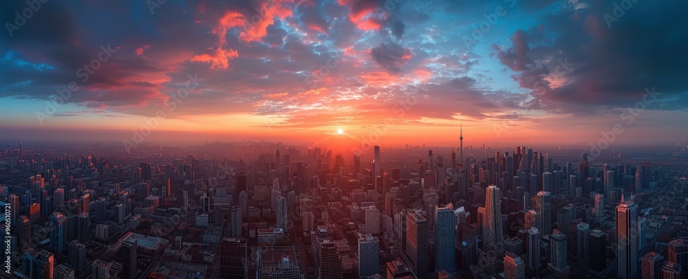 Golden Hour Glow: High-Resolution Aerial View of Vibrant Cityscape at Sunset Golden Hour Glow: High-Resolution Aerial View of Vibrant Cityscape at Sunset