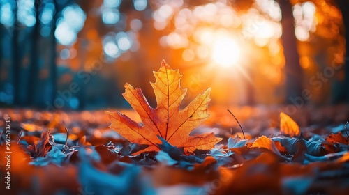 Autumn background with orange fall leaves. Garden scene on fall season with bright shiny sun ray and maple tree