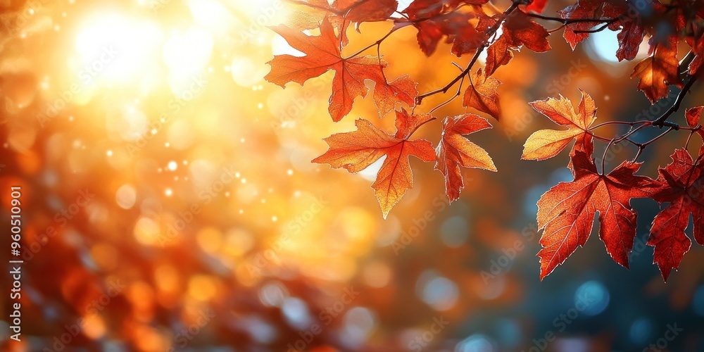 Autumn background with orange fall leaves. Garden scene on fall season with bright shiny sun ray and maple tree Autumn background with orange fall leaves. Garden scene on fall season with bright shiny sun ray and maple tree
