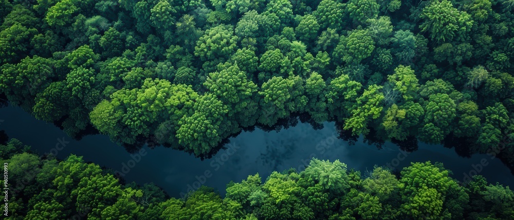 Serene Aerial View of Lush Forest Canopy and Winding River Serene Aerial View of Lush Forest Canopy and Winding River