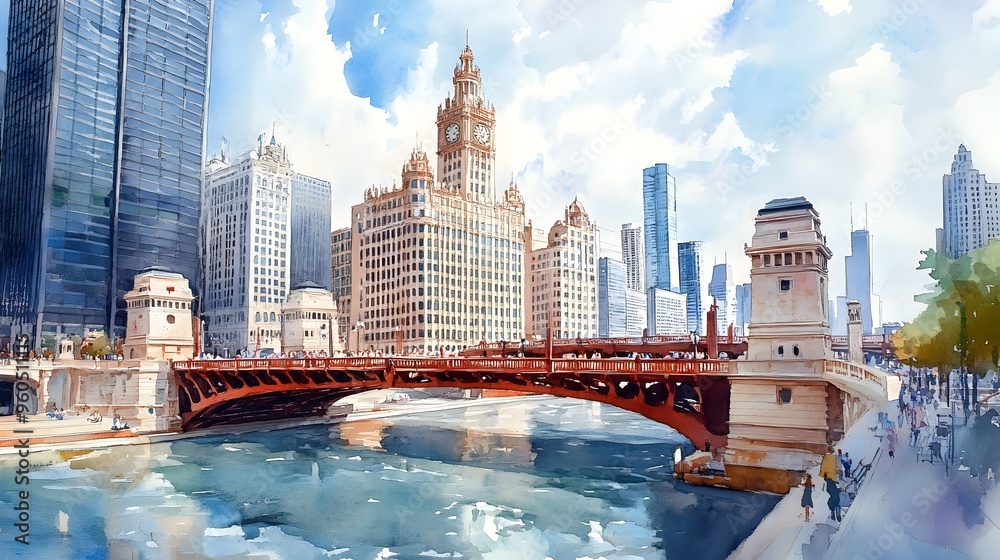 Fototapeta premium Watercolor Impressionist Cityscape of Iconic Chicago Landmarks and Architecture Along the River