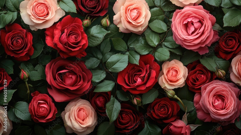 Elegant web banner featuring a border of red and pink roses with lush green leaves Elegant web banner featuring a border of red and pink roses with lush green leaves