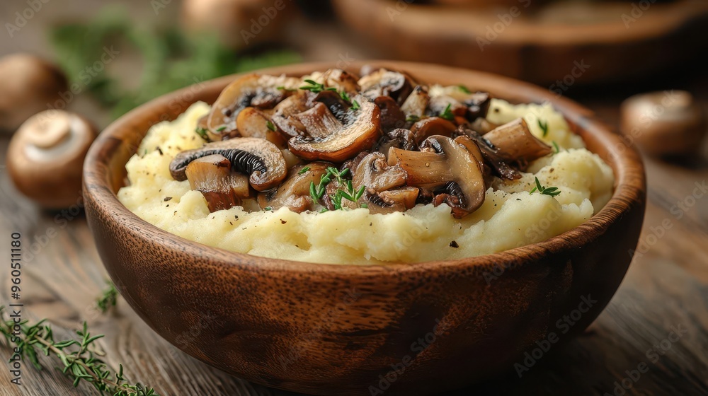 Rustic comfort food: creamy mashed potatoes with sautéed wild mushrooms served in a weathered wooden bowl. Warm lighting accentuates textures and earthy tones.
Rustic comfort food: creamy mashed potatoes with sautéed wild mushrooms served in a weathered wooden bowl. Warm lighting accentuates textures and earthy tones.