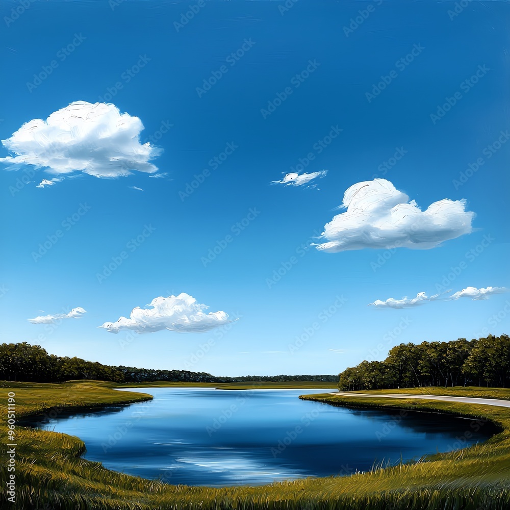 Tranquil landscape featuring a serene lake, clear blue sky, and lush greenery, perfect for nature-themed projects and relaxation. Tranquil landscape featuring a serene lake, clear blue sky, and lush greenery, perfect for nature-themed projects and relaxation.