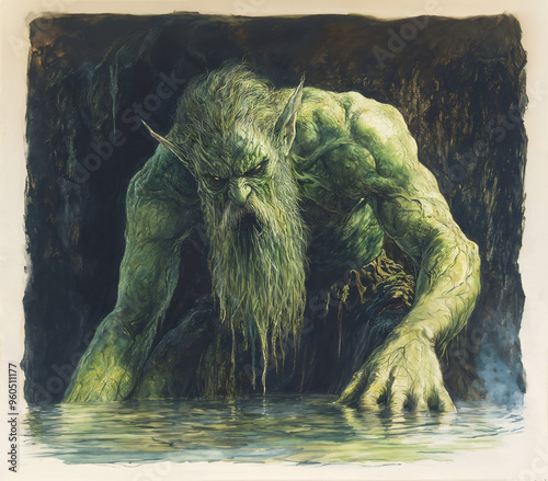 Artistic Representation of the Enigmatic Water Man. Povodni Mož of Slovenian Folklore Emerges from the Depths.  photo