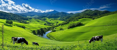 Obraz na płótnie A serene landscape featuring cows grazing in lush green fields near a flowing river, surrounded by majestic mountains. w salonie