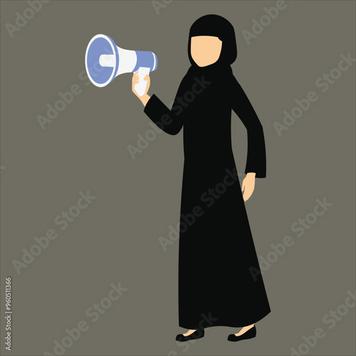 A flat illustration of a woman in an abaya and hijab holds a megaphone, perhaps she is making an announcement or delivering a speech.