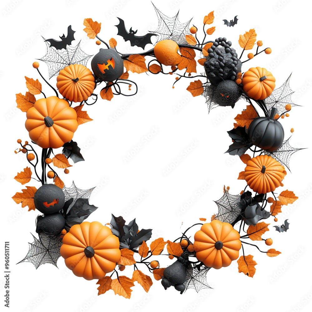 Festive Halloween wreath adorned with pumpkins, leaves, and spooky elements, perfect for seasonal decoration and celebrations. Festive Halloween wreath adorned with pumpkins, leaves, and spooky elements, perfect for seasonal decoration and celebrations.