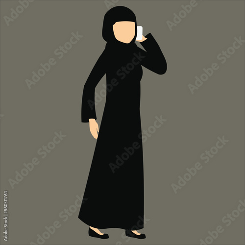 A flat illustration of a woman in an abaya hijab talking on the phone, illustrated in a simple minimalist style