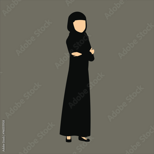 A flat illustration of a woman in a black abaya stands with her arms crossed