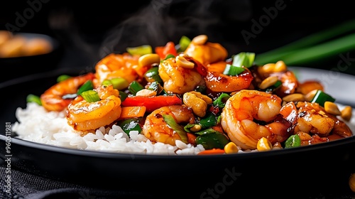 A platter of kung pao prawns with bell peppers and peanuts, garnished with green onions and served with a side of jasmine rice